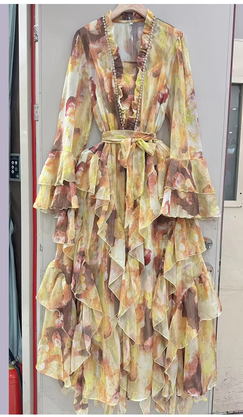 Spring/summer 2025 new V-neck long-sleeved dress with sling print elegant lace waist wooden ear layer upon layer ruffled long sk