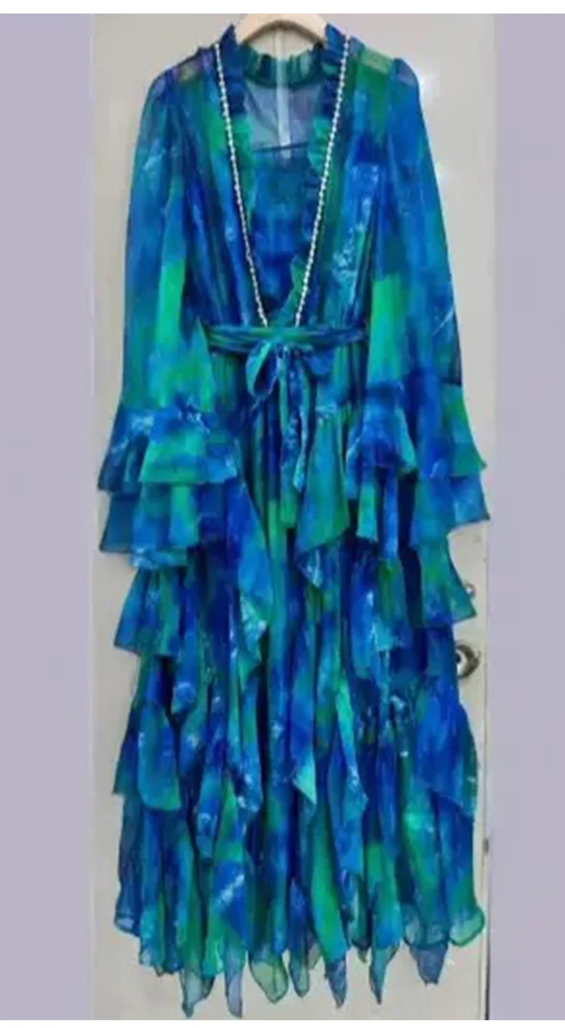 Spring/summer 2025 new V-neck long-sleeved dress with sling print elegant lace waist wooden ear layer upon layer ruffled long sk