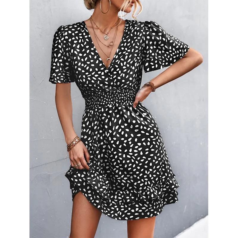Women's Sexy V-Neck Mini Dress Floral Print Slim Fit Short Elegant Dress with Lotus Leaf Sleeves Fashionable Female Attire