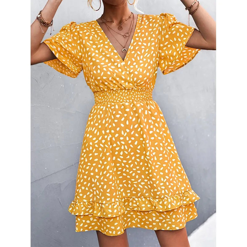 Women's Sexy V-Neck Mini Dress Floral Print Slim Fit Short Elegant Dress with Lotus Leaf Sleeves Fashionable Female Attire