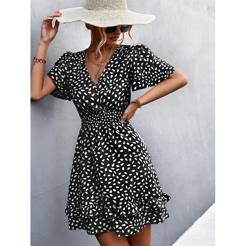 Women's Sexy V-Neck Mini Dress Floral Print Slim Fit Short Elegant Dress with Lotus Leaf Sleeves Fashionable Female Attire
