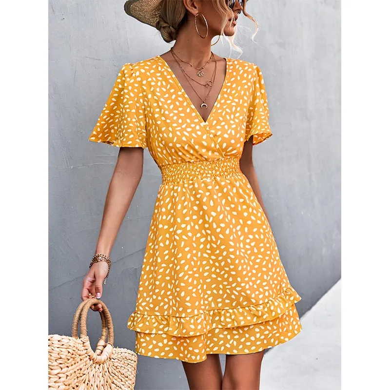 Women's Sexy V-Neck Mini Dress Floral Print Slim Fit Short Elegant Dress with Lotus Leaf Sleeves Fashionable Female Attire