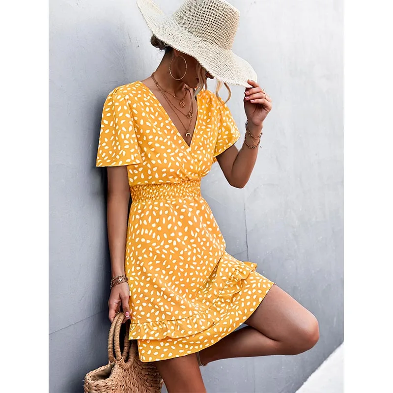 Women's Sexy V-Neck Mini Dress Floral Print Slim Fit Short Elegant Dress with Lotus Leaf Sleeves Fashionable Female Attire