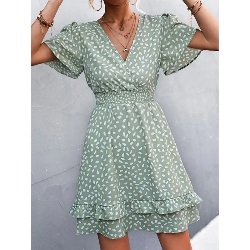 Women's Sexy V-Neck Mini Dress Floral Print Slim Fit Short Elegant Dress with Lotus Leaf Sleeves Fashionable Female Attire