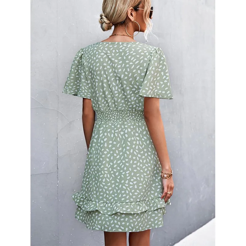 Women's Sexy V-Neck Mini Dress Floral Print Slim Fit Short Elegant Dress with Lotus Leaf Sleeves Fashionable Female Attire