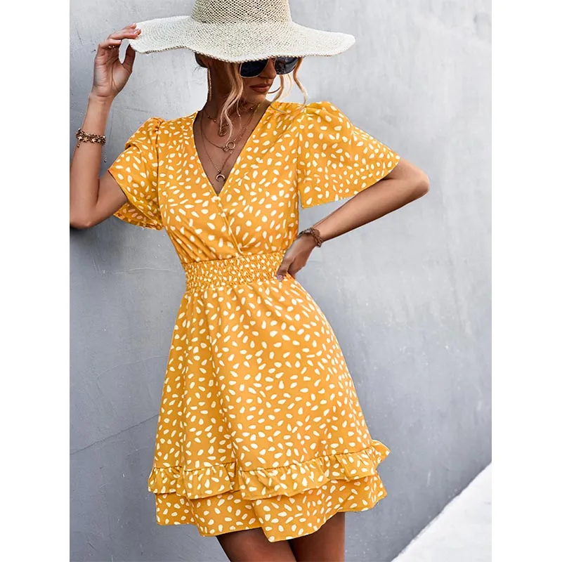Women's Sexy V-Neck Mini Dress Floral Print Slim Fit Short Elegant Dress with Lotus Leaf Sleeves Fashionable Female Attire