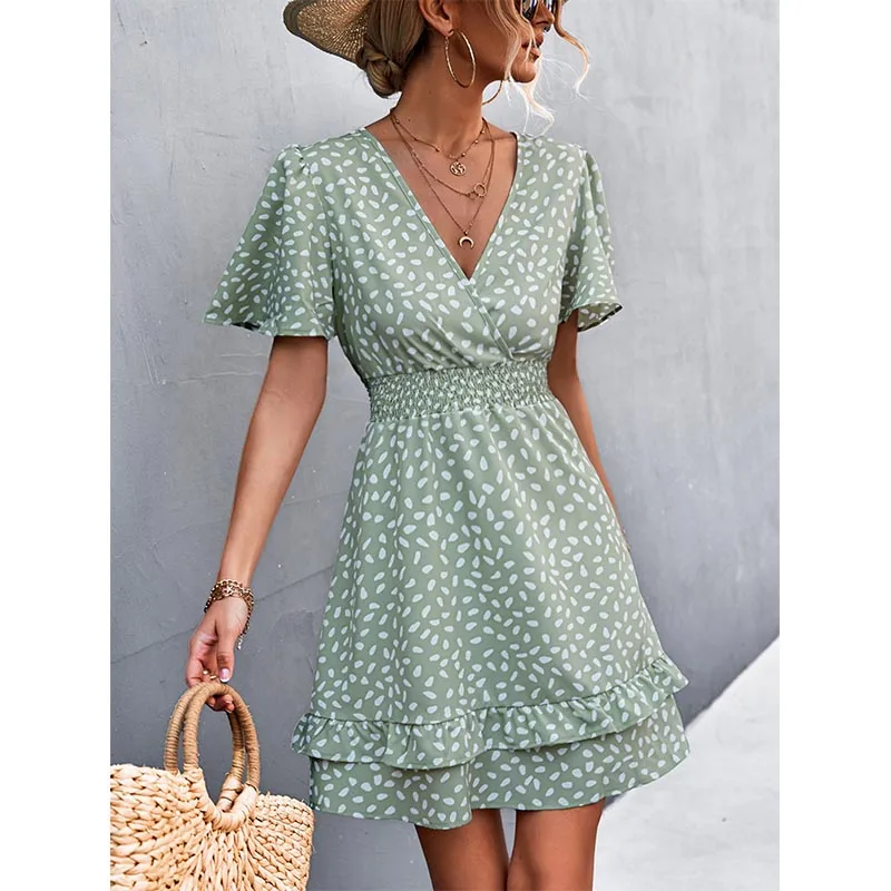 Women's Sexy V-Neck Mini Dress Floral Print Slim Fit Short Elegant Dress with Lotus Leaf Sleeves Fashionable Female Attire