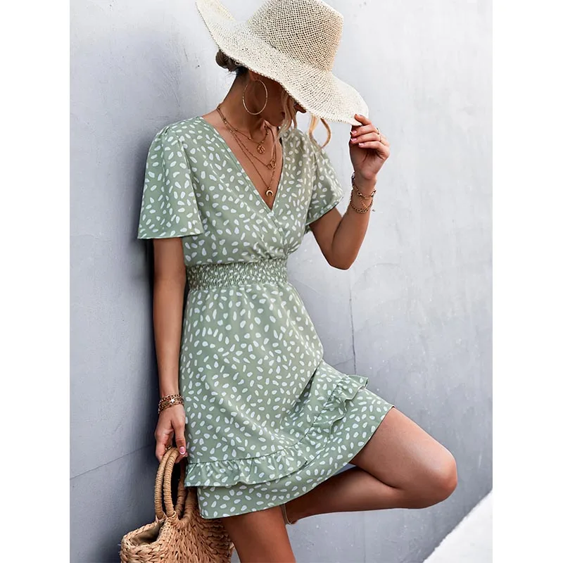 Women's Sexy V-Neck Mini Dress Floral Print Slim Fit Short Elegant Dress with Lotus Leaf Sleeves Fashionable Female Attire