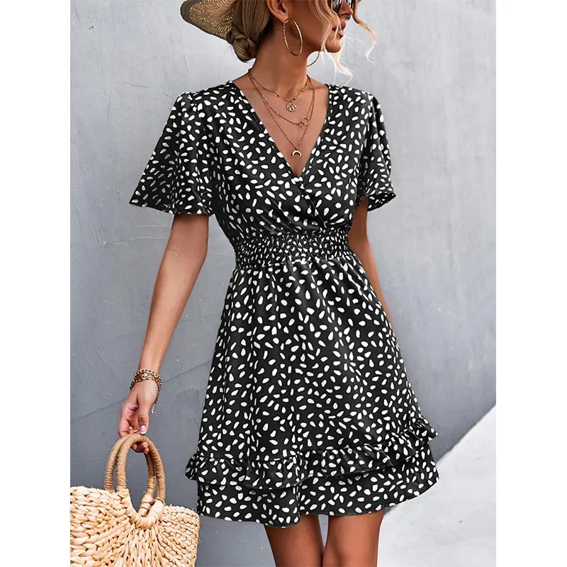 Women's Sexy V-Neck Mini Dress Floral Print Slim Fit Short Elegant Dress with Lotus Leaf Sleeves Fashionable Female Attire