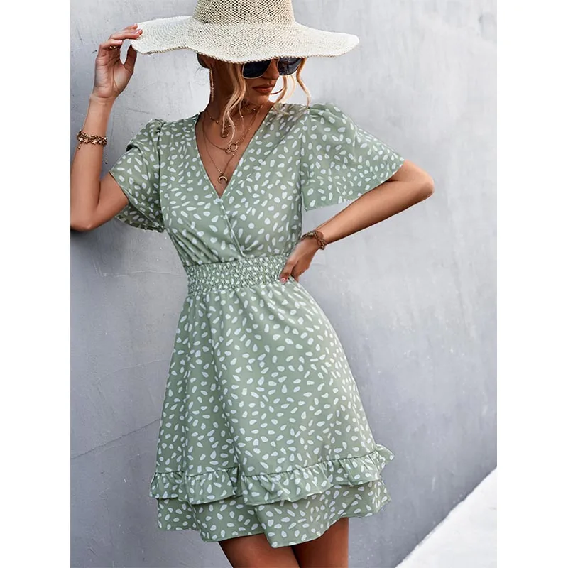 Women's Sexy V-Neck Mini Dress Floral Print Slim Fit Short Elegant Dress with Lotus Leaf Sleeves Fashionable Female Attire
