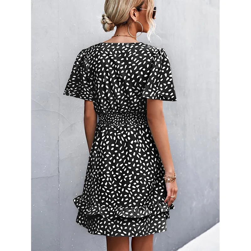 Women's Sexy V-Neck Mini Dress Floral Print Slim Fit Short Elegant Dress with Lotus Leaf Sleeves Fashionable Female Attire