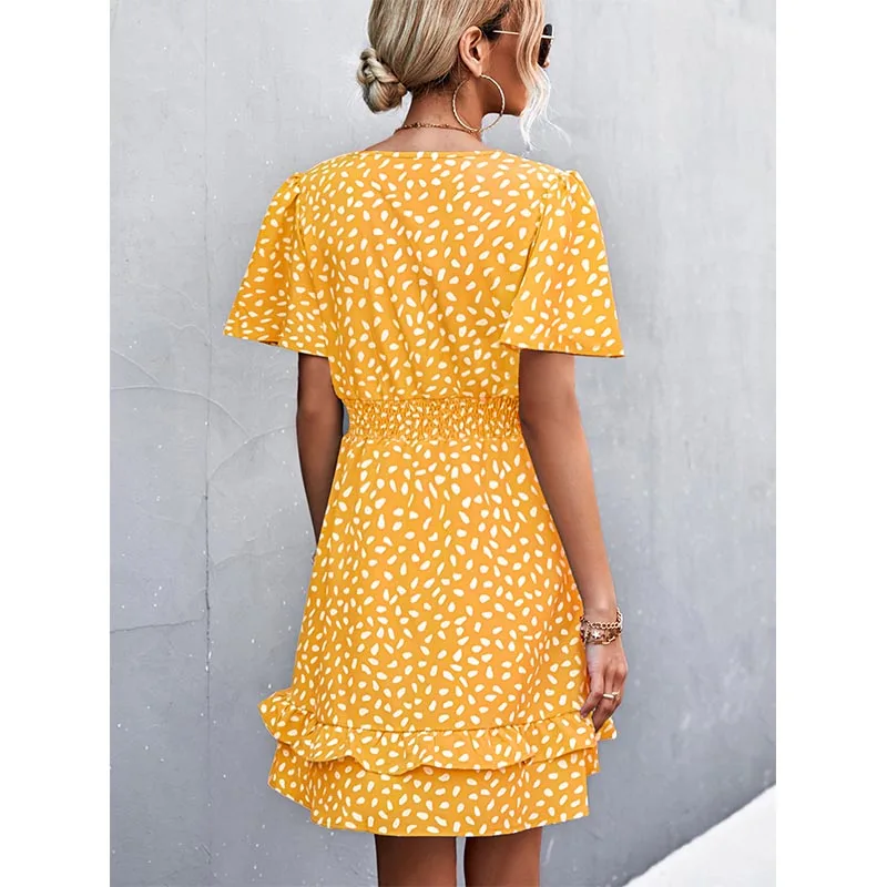 Women's Sexy V-Neck Mini Dress Floral Print Slim Fit Short Elegant Dress with Lotus Leaf Sleeves Fashionable Female Attire