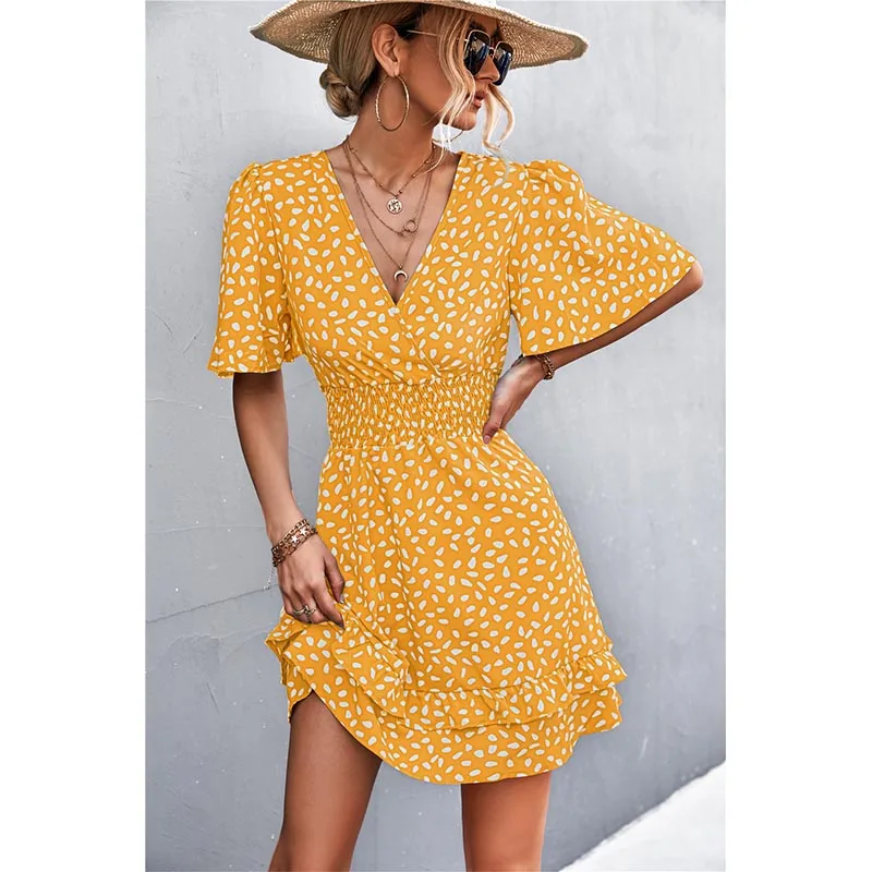 Women's Sexy V-Neck Mini Dress Floral Print Slim Fit Short Elegant Dress with Lotus Leaf Sleeves Fashionable Female Attire