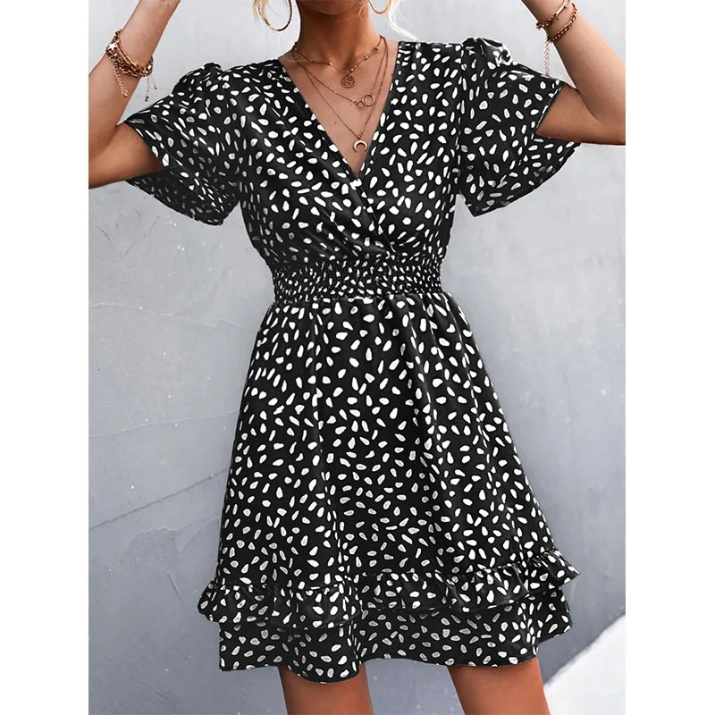 Women's Sexy V-Neck Mini Dress Floral Print Slim Fit Short Elegant Dress with Lotus Leaf Sleeves Fashionable Female Attire