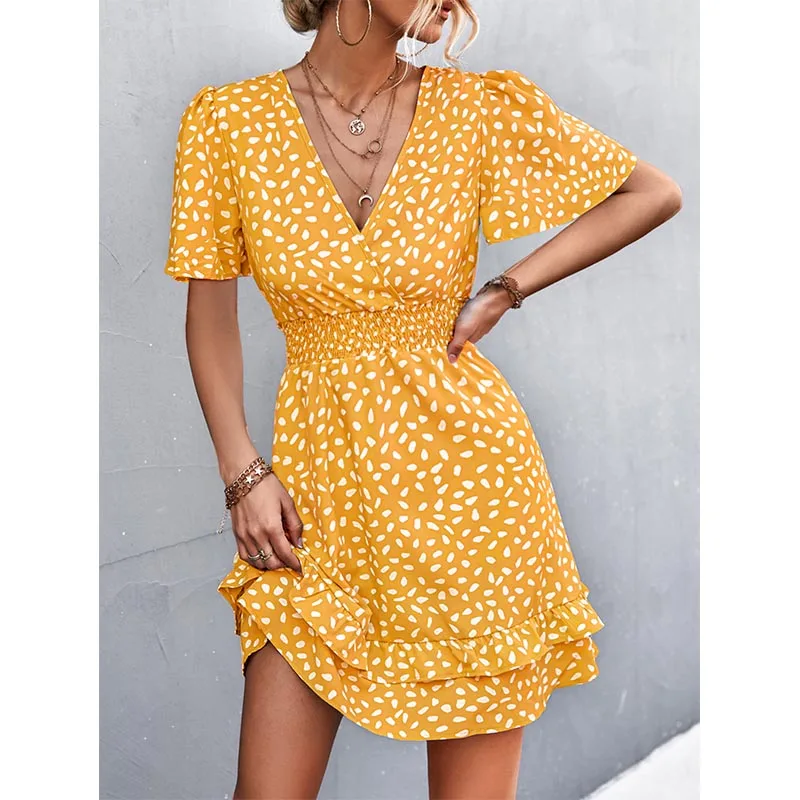 Women's Sexy V-Neck Mini Dress Floral Print Slim Fit Short Elegant Dress with Lotus Leaf Sleeves Fashionable Female Attire