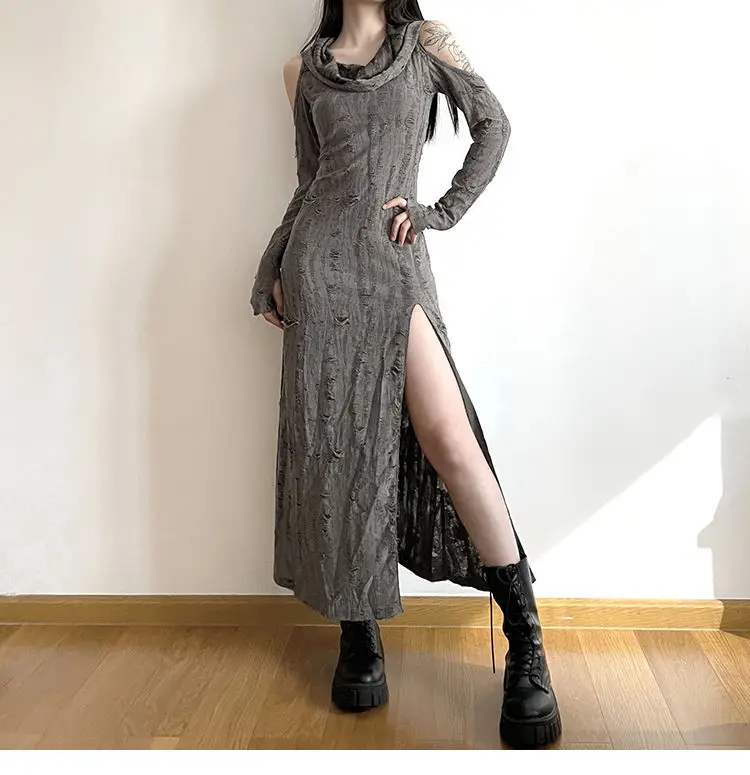 Bodycon Slim Vintage Mermaid Hooded Style Off Shoulder Design Dress Vestidos De Mujer Maxi Women Gyaru Acubi Alt Grunge