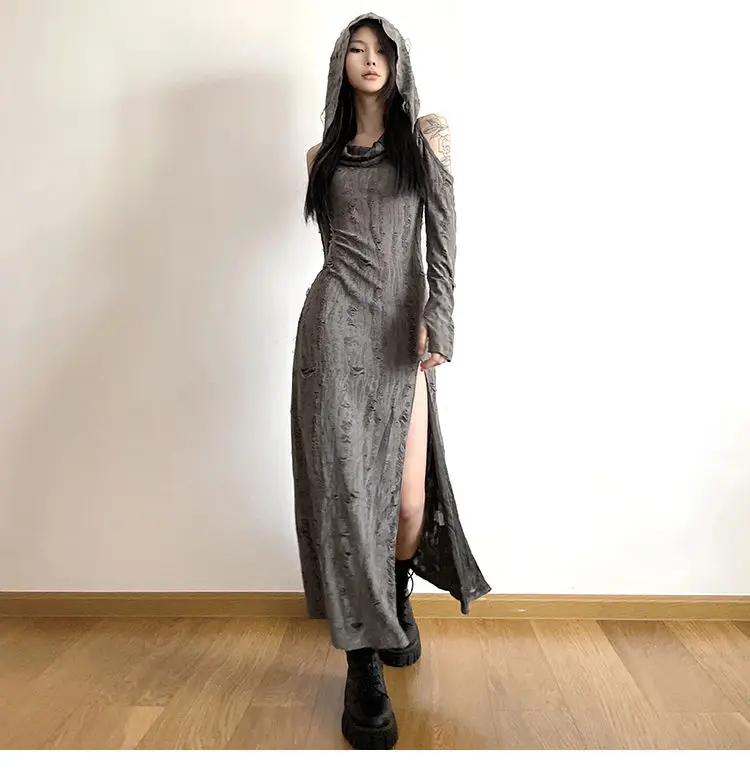Bodycon Slim Vintage Mermaid Hooded Style Off Shoulder Design Dress Vestidos De Mujer Maxi Women Gyaru Acubi Alt Grunge