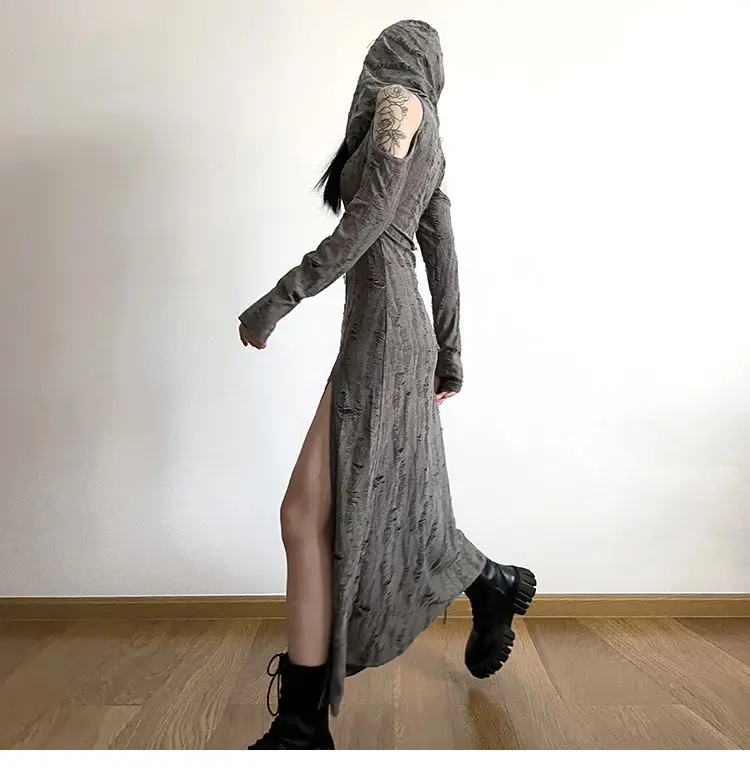Bodycon Slim Vintage Mermaid Hooded Style Off Shoulder Design Dress Vestidos De Mujer Maxi Women Gyaru Acubi Alt Grunge
