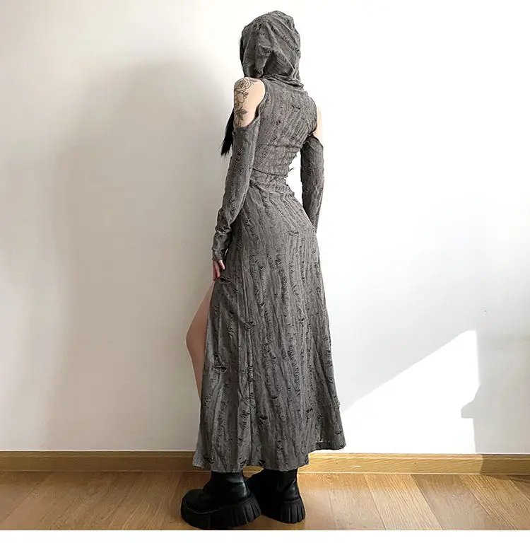 Bodycon Slim Vintage Mermaid Hooded Style Off Shoulder Design Dress Vestidos De Mujer Maxi Women Gyaru Acubi Alt Grunge