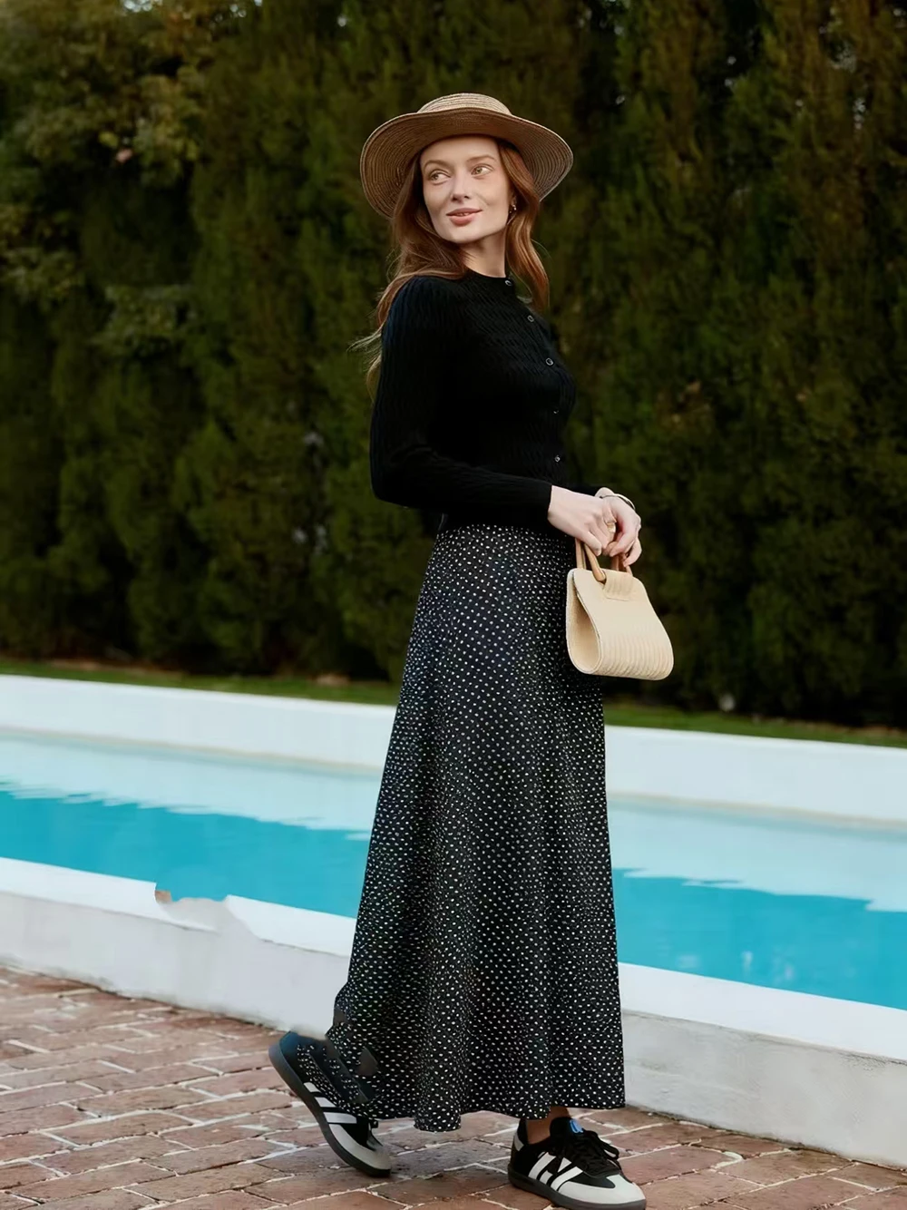 AP SS26 Women Black Cable Cardigan and Polka Dots Slip Dress Classic Style