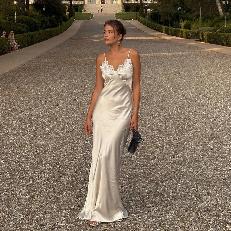 Women V-neck Satin Sling Maxi Dress Sexy White Lace Patchwork Sleeveless Backless Slim Gowns 2026 Evening Party Chic Dresses New