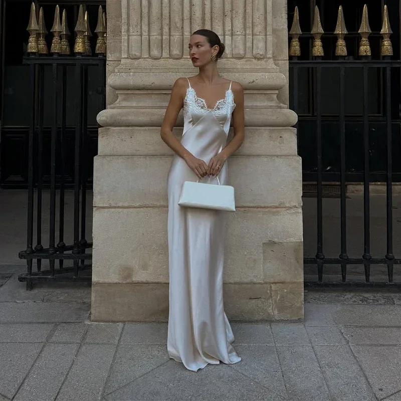 Women V-neck Satin Sling Maxi Dress Sexy White Lace Patchwork Sleeveless Backless Slim Gowns 2026 Evening Party Chic Dresses New