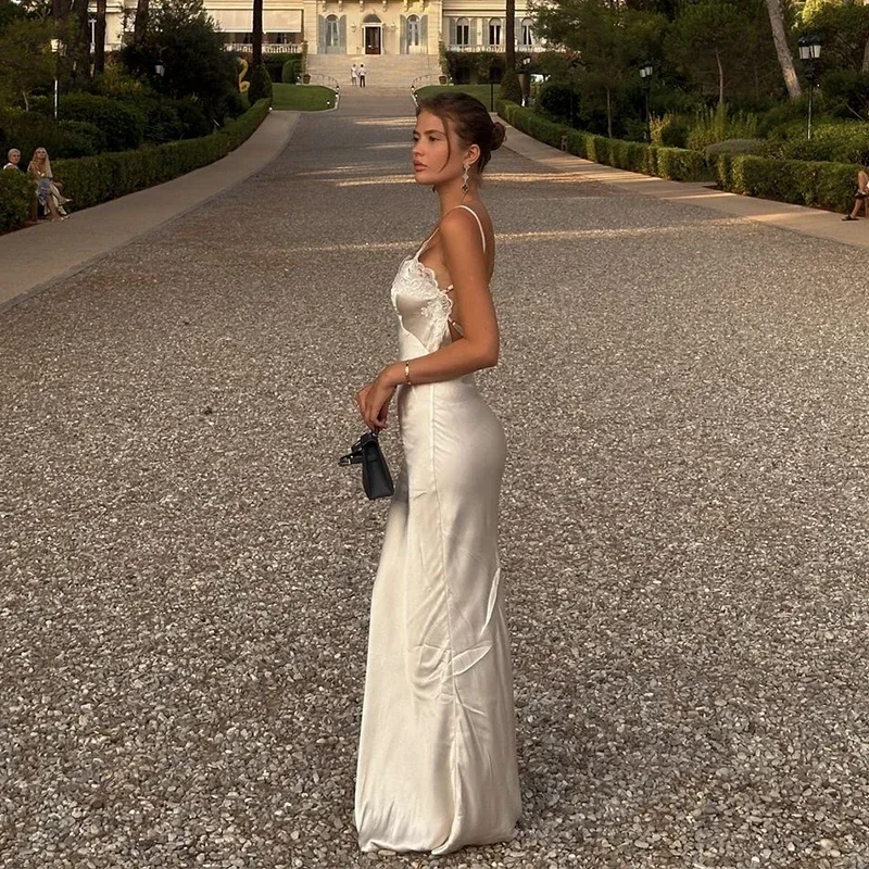 Women V-neck Satin Sling Maxi Dress Sexy White Lace Patchwork Sleeveless Backless Slim Gowns 2026 Evening Party Chic Dresses New
