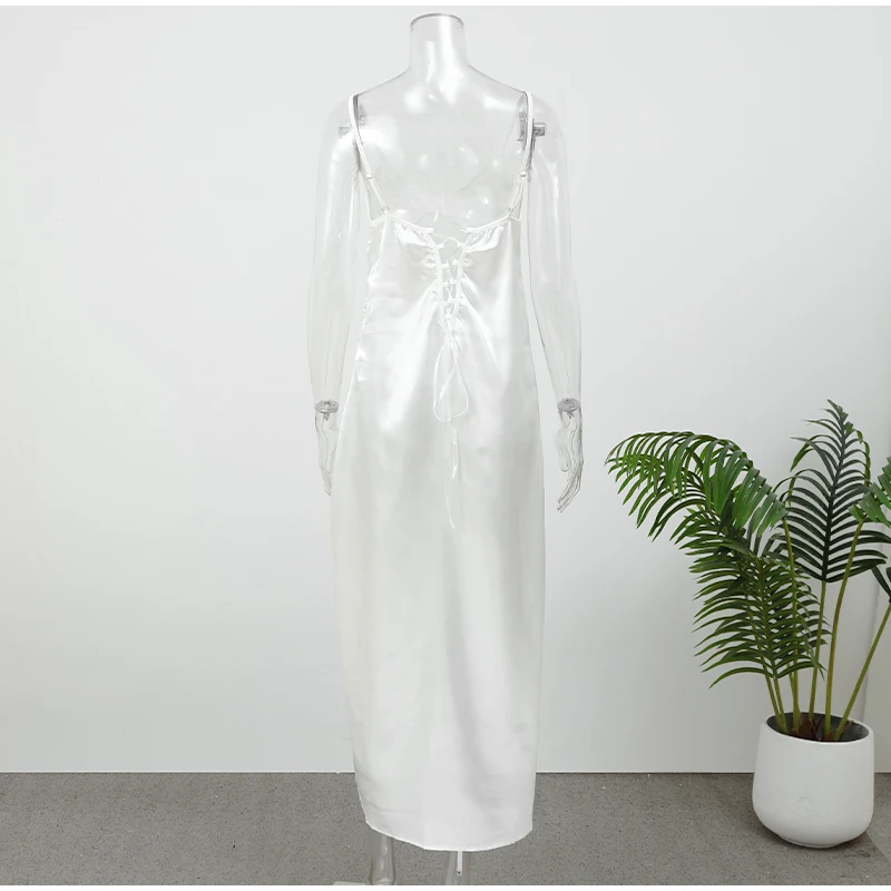 Women V-neck Satin Sling Maxi Dress Sexy White Lace Patchwork Sleeveless Backless Slim Gowns 2026 Evening Party Chic Dresses New