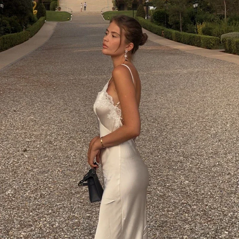 Women V-neck Satin Sling Maxi Dress Sexy White Lace Patchwork Sleeveless Backless Slim Gowns 2026 Evening Party Chic Dresses New