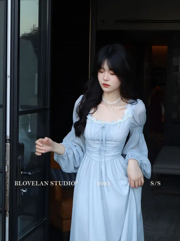 2026 French gentle long dress fairy temperament skirt waist square collar new high-end chiffon long-sleeved dress women