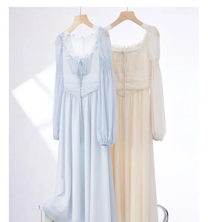 2026 French gentle long dress fairy temperament skirt waist square collar new high-end chiffon long-sleeved dress women