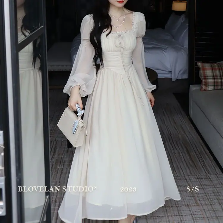 2026 French gentle long dress fairy temperament skirt waist square collar new high-end chiffon long-sleeved dress women