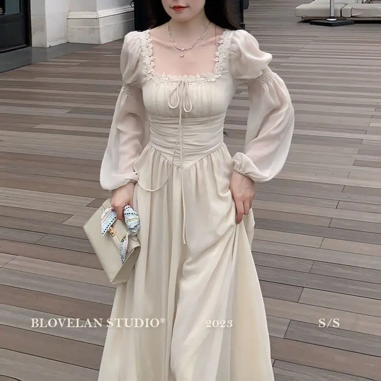 2026 French gentle long dress fairy temperament skirt waist square collar new high-end chiffon long-sleeved dress women