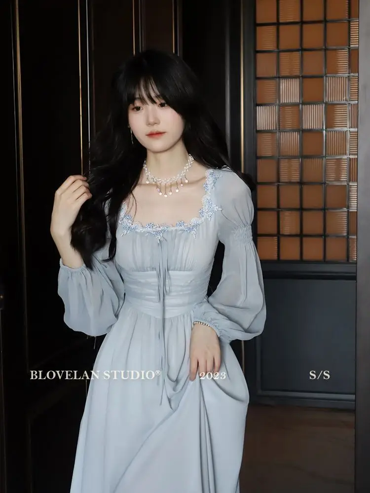 2026 French gentle long dress fairy temperament skirt waist square collar new high-end chiffon long-sleeved dress women