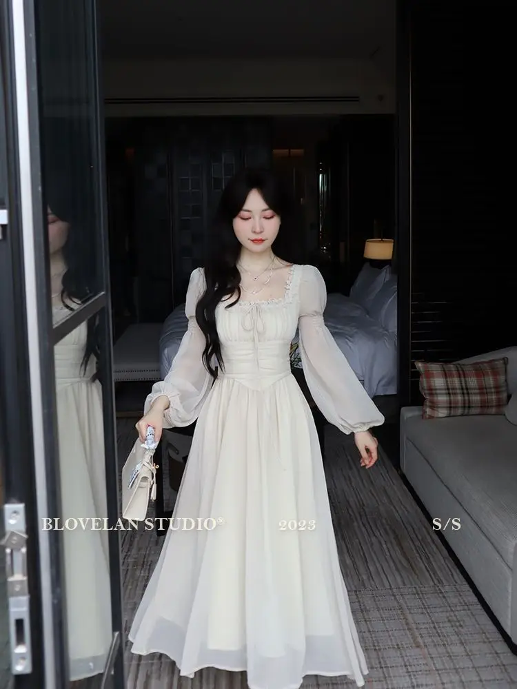 2026 French gentle long dress fairy temperament skirt waist square collar new high-end chiffon long-sleeved dress women