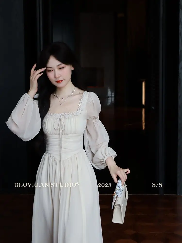 2026 French gentle long dress fairy temperament skirt waist square collar new high-end chiffon long-sleeved dress women