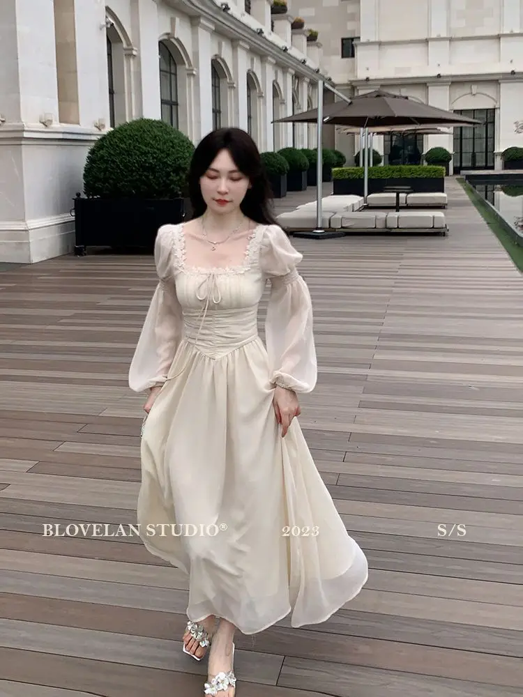 2026 French gentle long dress fairy temperament skirt waist square collar new high-end chiffon long-sleeved dress women