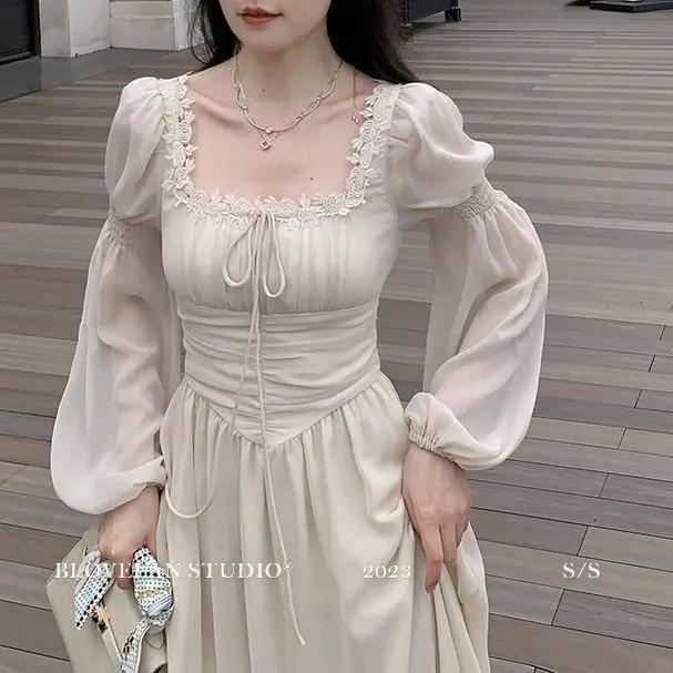 2026 French gentle long dress fairy temperament skirt waist square collar new high-end chiffon long-sleeved dress women