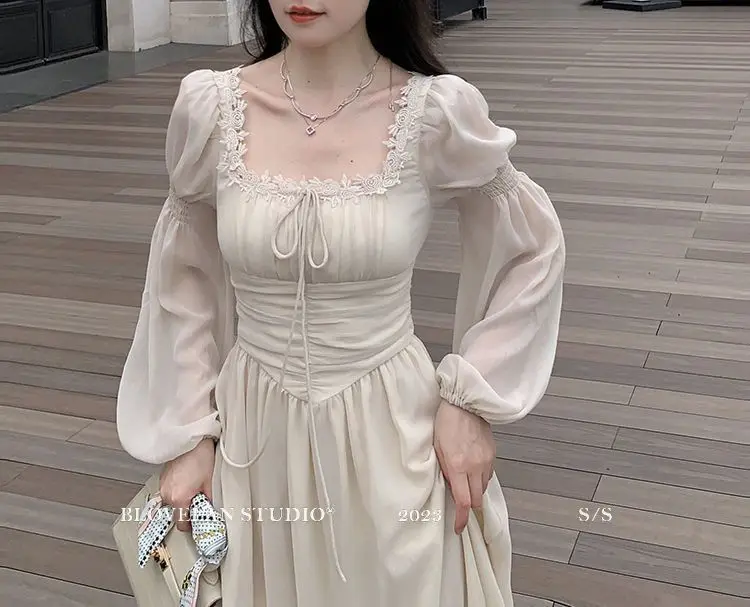 2026 French gentle long dress fairy temperament skirt waist square collar new high-end chiffon long-sleeved dress women