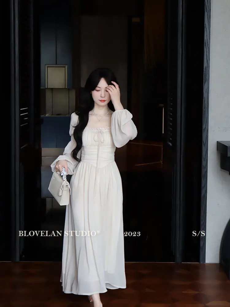 2026 French gentle long dress fairy temperament skirt waist square collar new high-end chiffon long-sleeved dress women