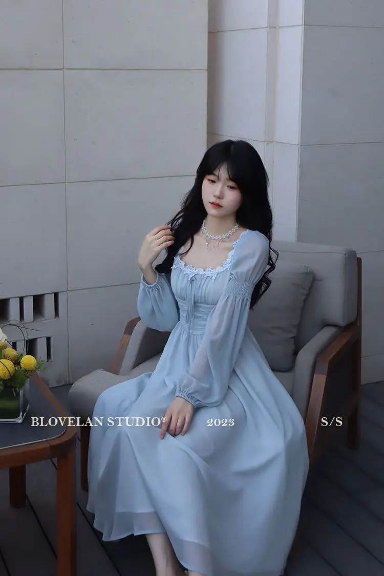 2026 French gentle long dress fairy temperament skirt waist square collar new high-end chiffon long-sleeved dress women