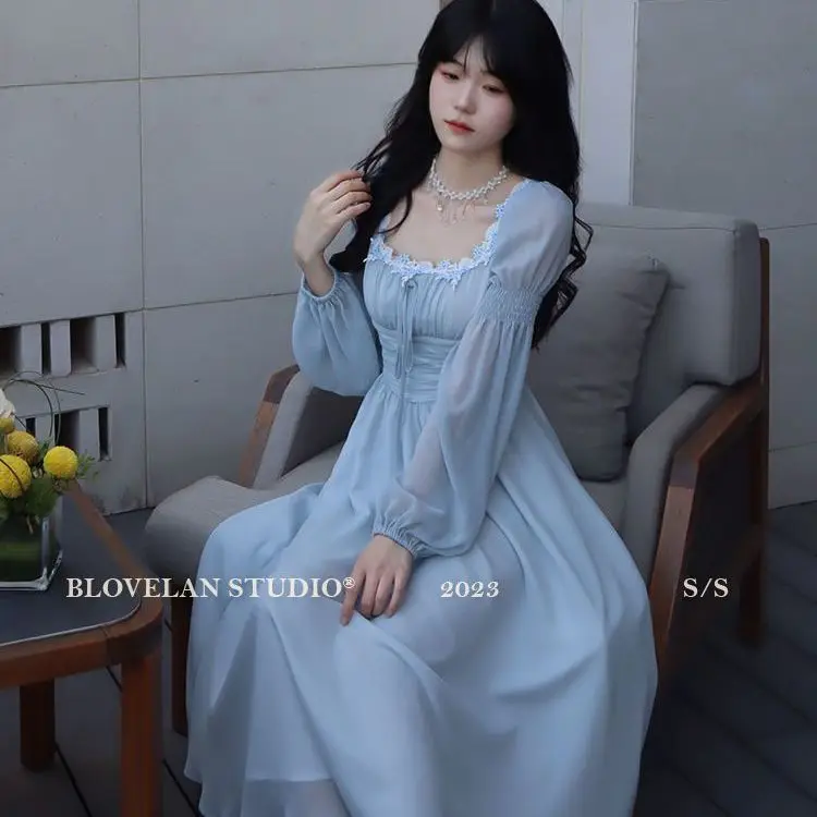 2026 French gentle long dress fairy temperament skirt waist square collar new high-end chiffon long-sleeved dress women
