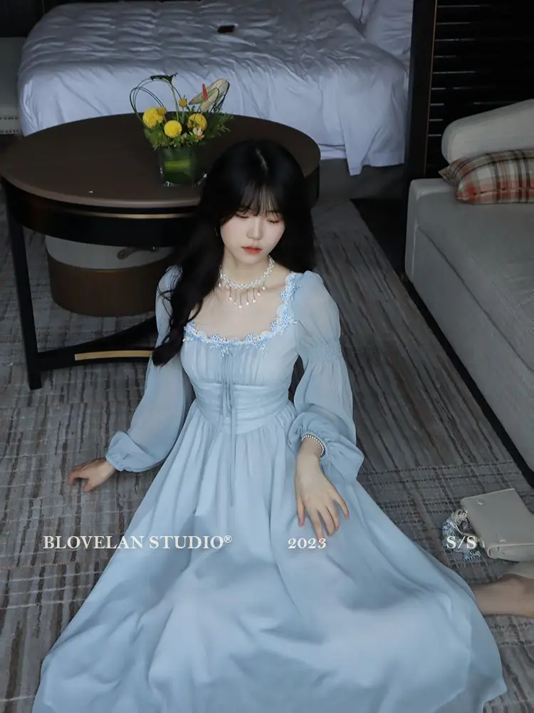 2026 French gentle long dress fairy temperament skirt waist square collar new high-end chiffon long-sleeved dress women