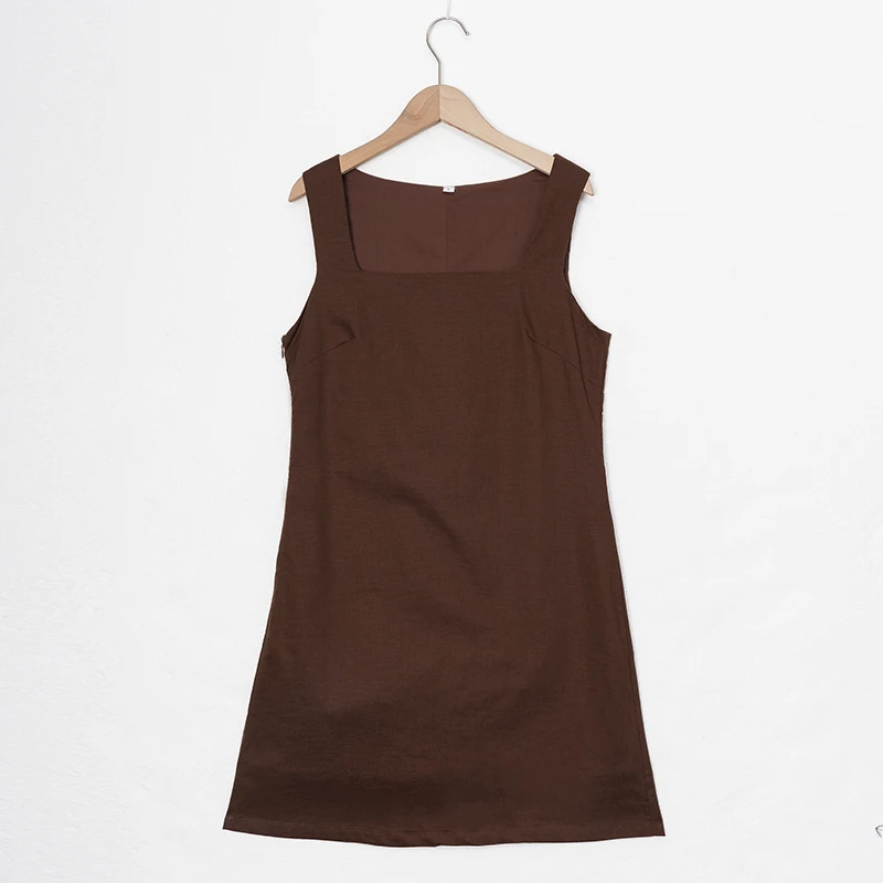 French Square Neck Sleeveless Linen Dress Women's 2026 Summer New Retro Solid Color Mini Dress Cotton Linen Slim Ladies Dresses