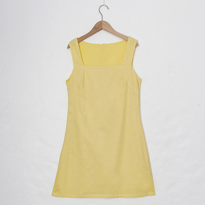 French Square Neck Sleeveless Linen Dress Women's 2026 Summer New Retro Solid Color Mini Dress Cotton Linen Slim Ladies Dresses