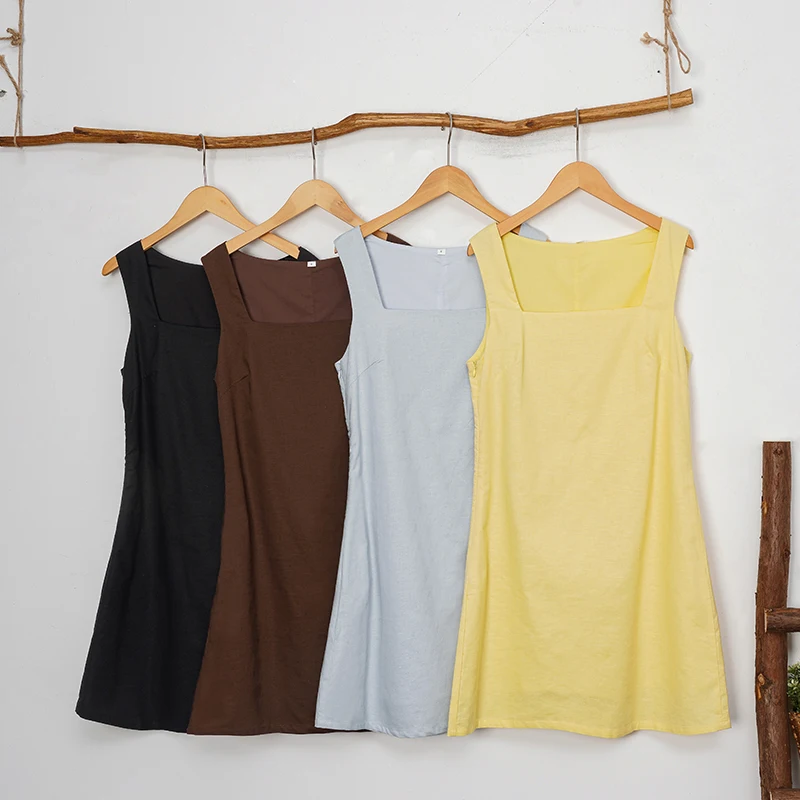 French Square Neck Sleeveless Linen Dress Women's 2026 Summer New Retro Solid Color Mini Dress Cotton Linen Slim Ladies Dresses