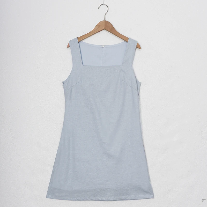 French Square Neck Sleeveless Linen Dress Women's 2026 Summer New Retro Solid Color Mini Dress Cotton Linen Slim Ladies Dresses