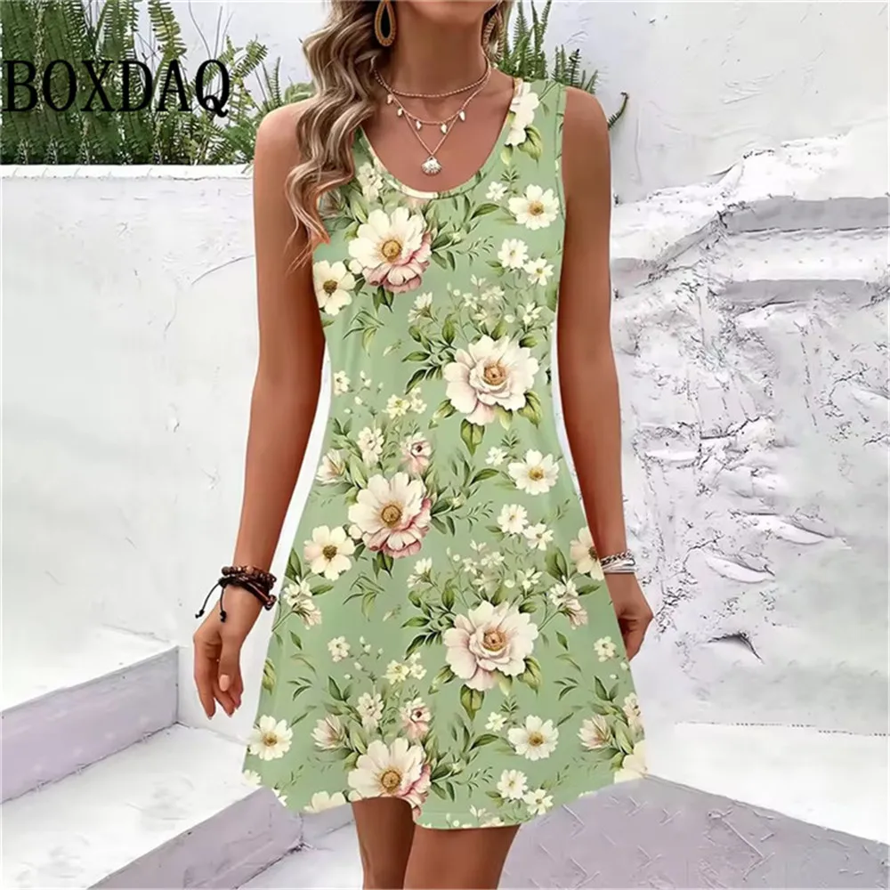 New Women Summer Sleeveless Bohemian Dress Sundress Loose Print Vacation Dress for Casual Beach Dress For Women Fashion Clothing