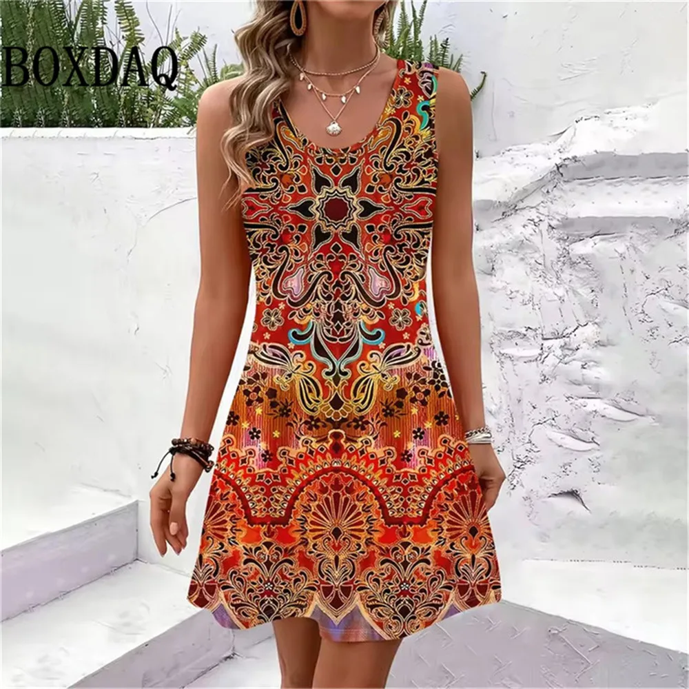 New Women Summer Sleeveless Bohemian Dress Sundress Loose Print Vacation Dress for Casual Beach Dress For Women Fashion Clothing