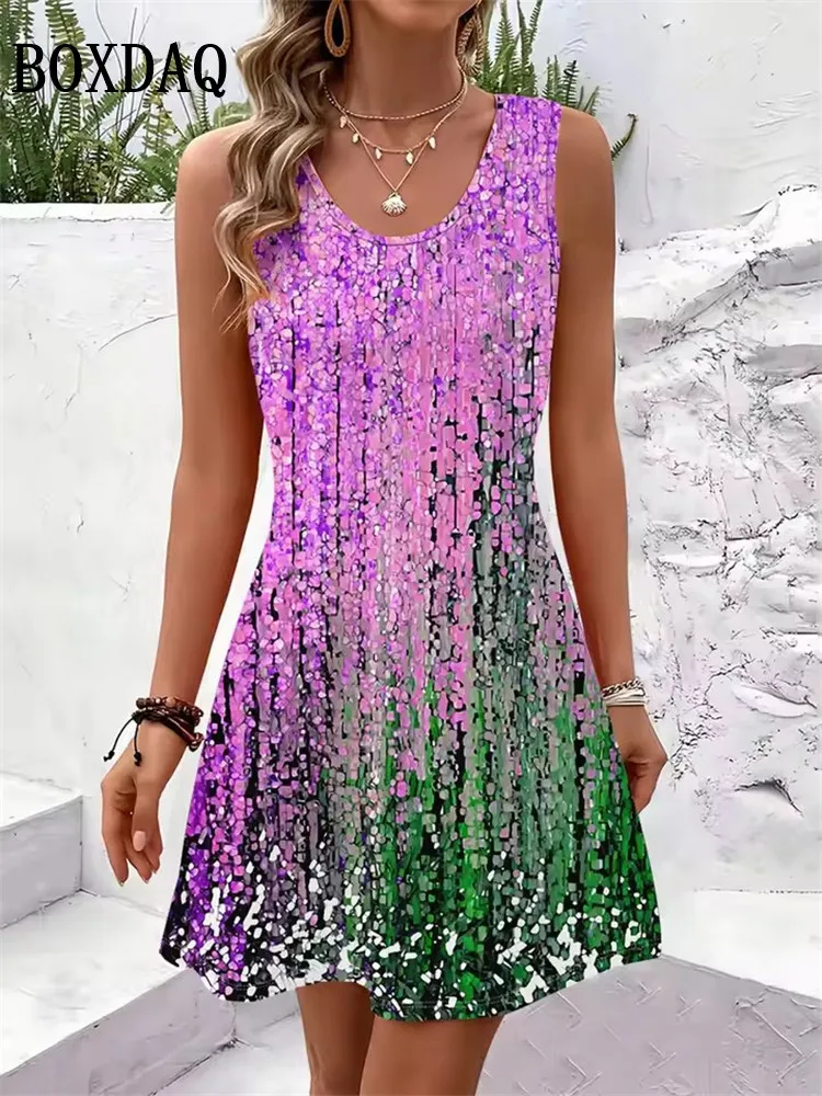 New Women Summer Sleeveless Bohemian Dress Sundress Loose Print Vacation Dress for Casual Beach Dress For Women Fashion Clothing